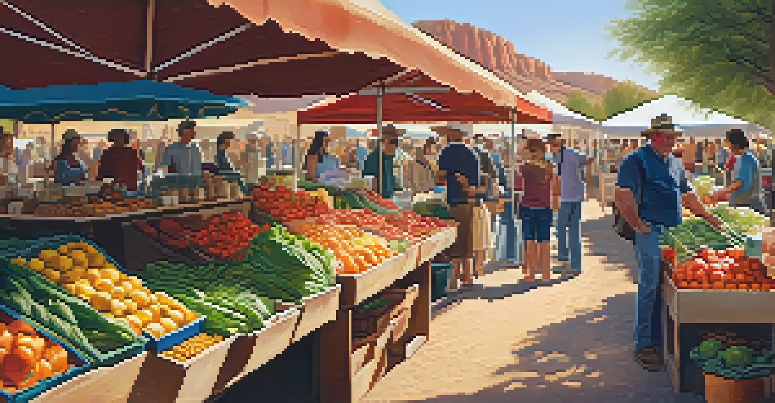 An Arizona farmer's market at sunset, showcasing fresh produce and diverse people enjoying the vibrant atmosphere.
