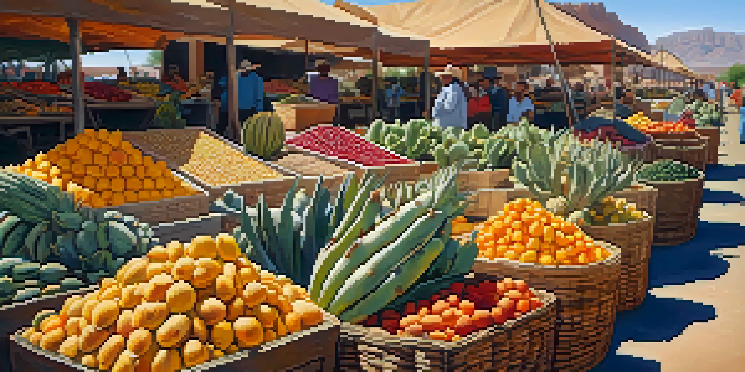 A farmer's market in Arizona featuring Indigenous foods like prickly pear and corn, with traditional baskets and warm sunlight.