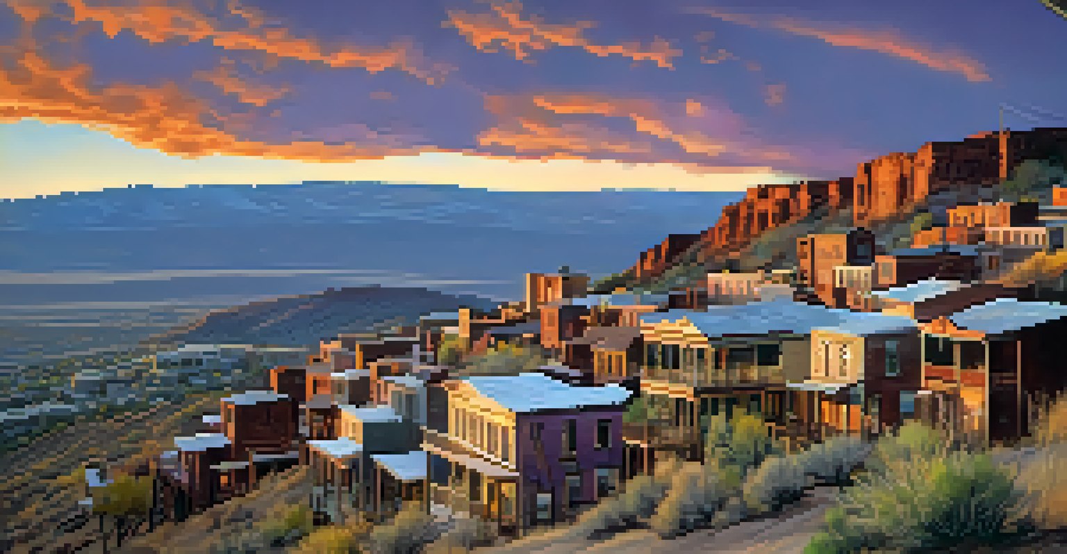 A ghost town with old houses on a hillside during sunset, showcasing peeling paint and a dramatic sky.