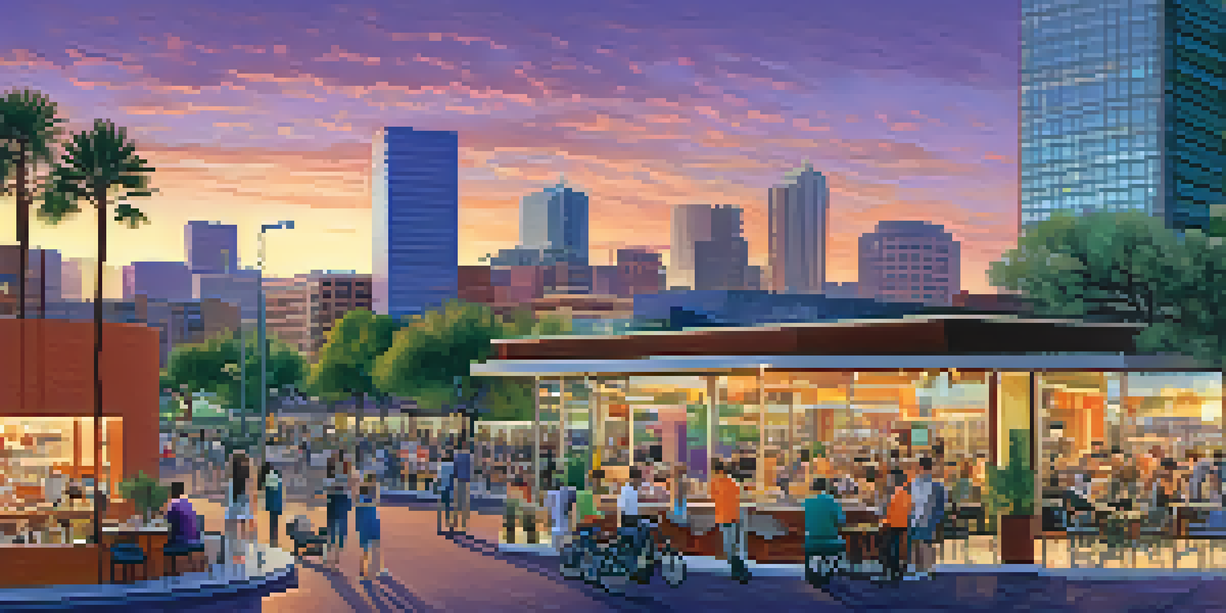 A vibrant cityscape of Phoenix, Arizona at sunset, featuring modern buildings and people enjoying outdoor cafes.