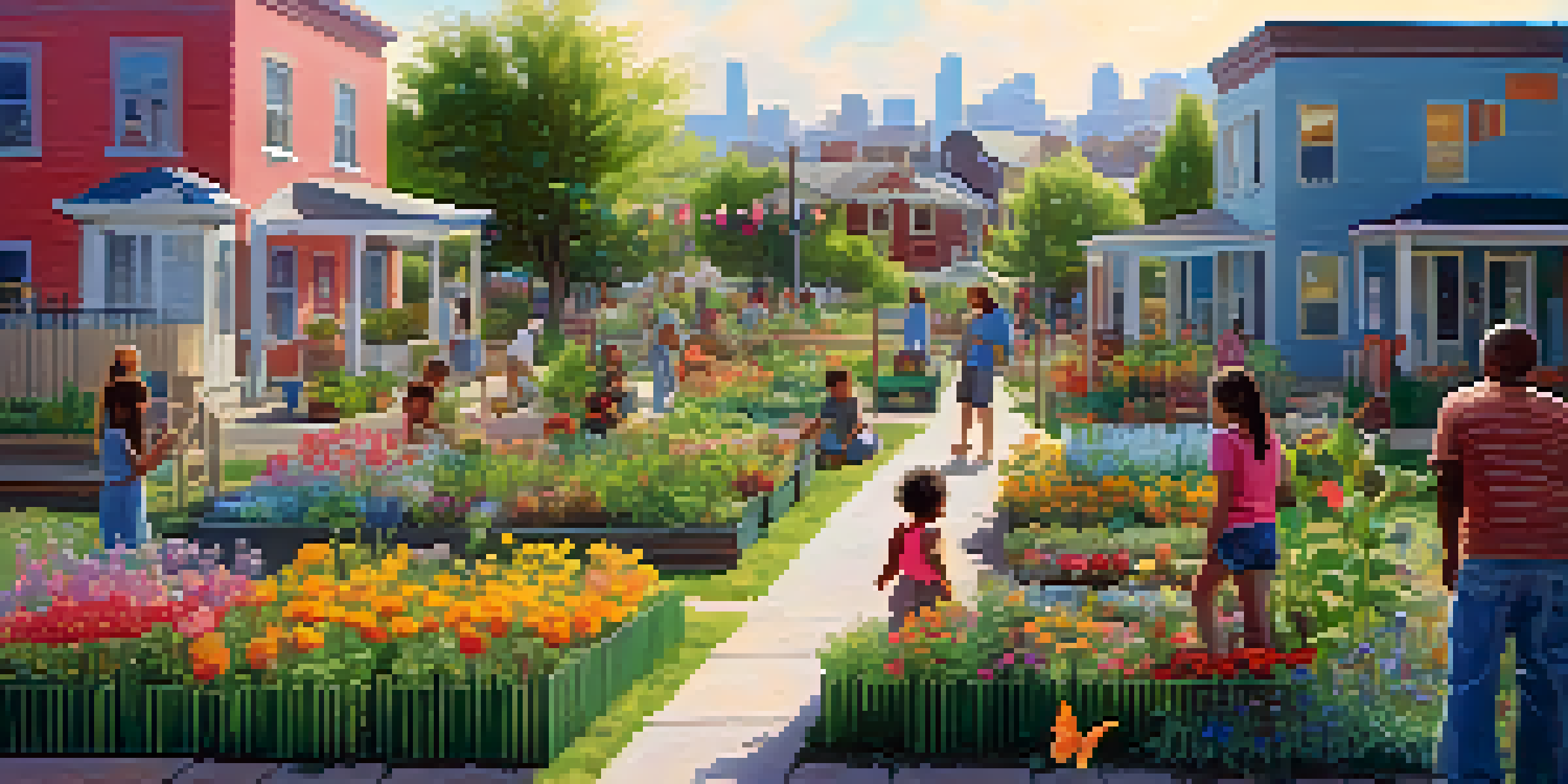 A lively community garden with families working on their plots, children playing, and butterflies in a sunny setting.