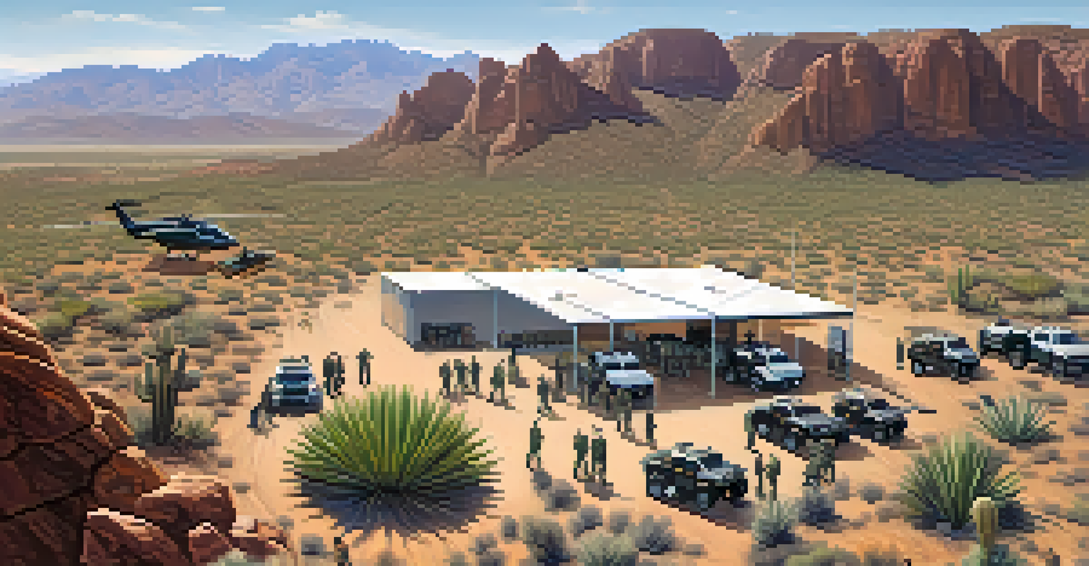An aerial view of a border security operation in Arizona with drones and law enforcement in rugged terrain.