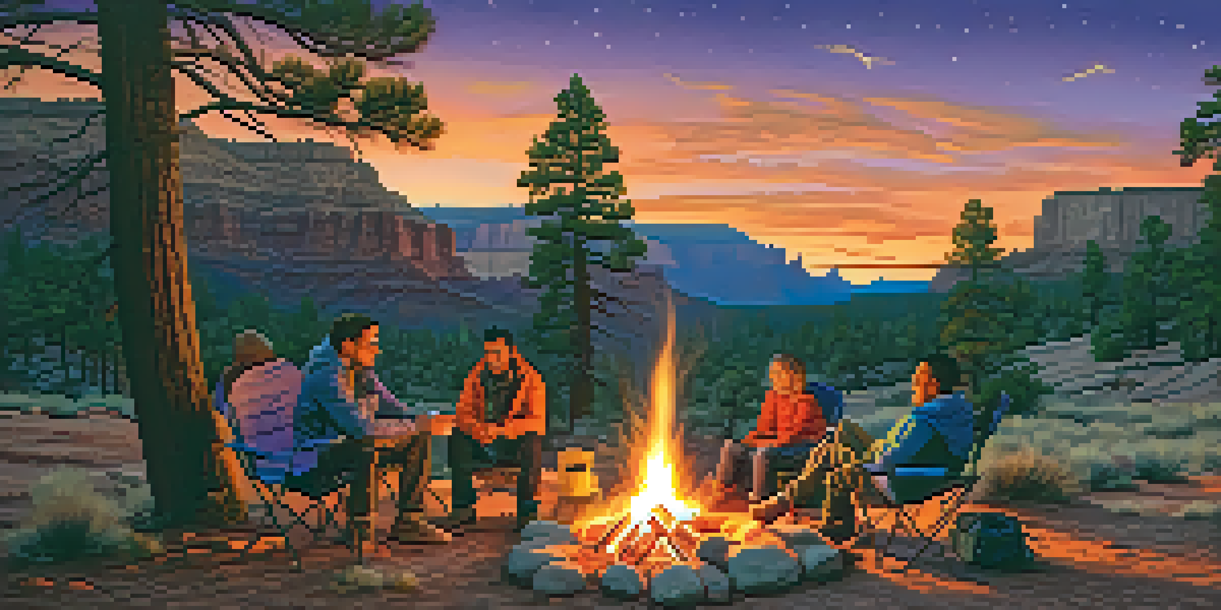 A family gathered around a campfire at Mather Campground, with the Grand Canyon in the background during sunset.