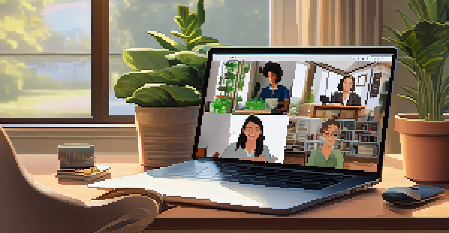 A laptop screen showing a smiling instructor teaching a virtual class, set in a cozy home office.
