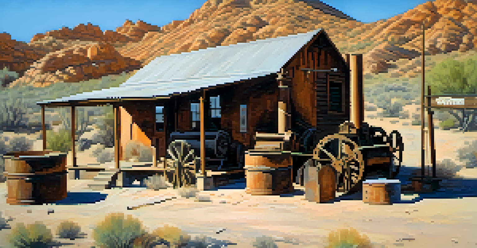 A peaceful view of Chloride, Arizona, with old buildings and desert scenery.