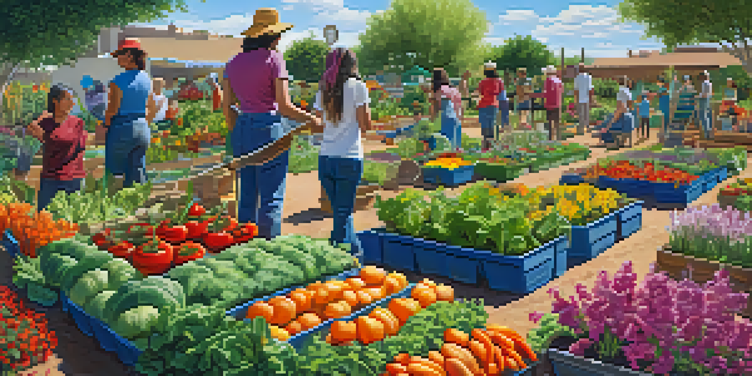 A lively community garden in Arizona with people of various ages gardening together under a sunny sky.