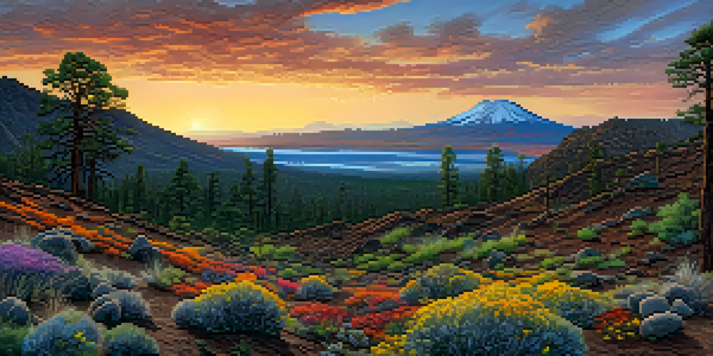 A wide view of Sunset Crater showing dark lava flows and colorful cinder cones against a sunset sky, with wildflowers in the foreground.