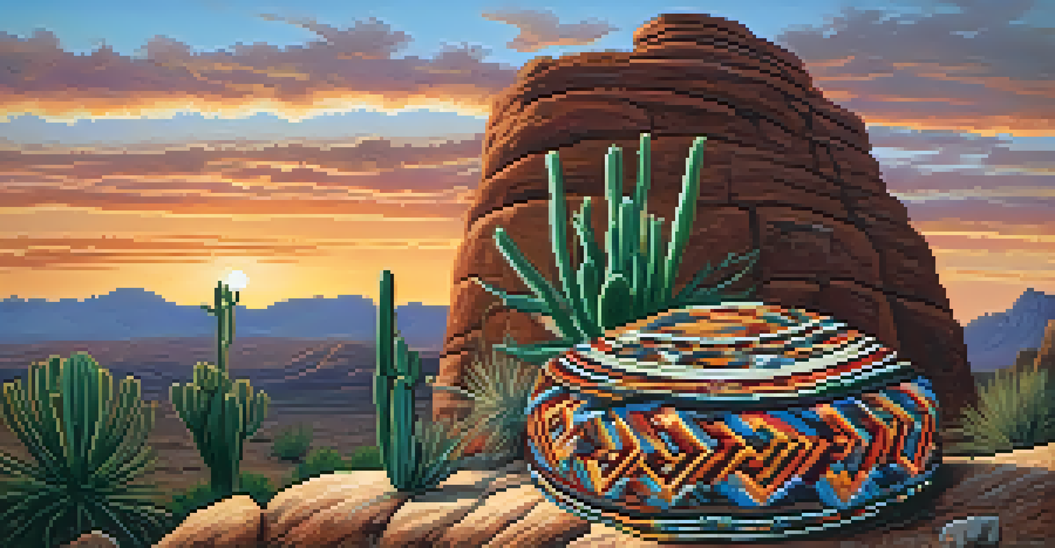 An Arizona desert landscape at sunset with an Apache weaving on a rock, surrounded by cacti.