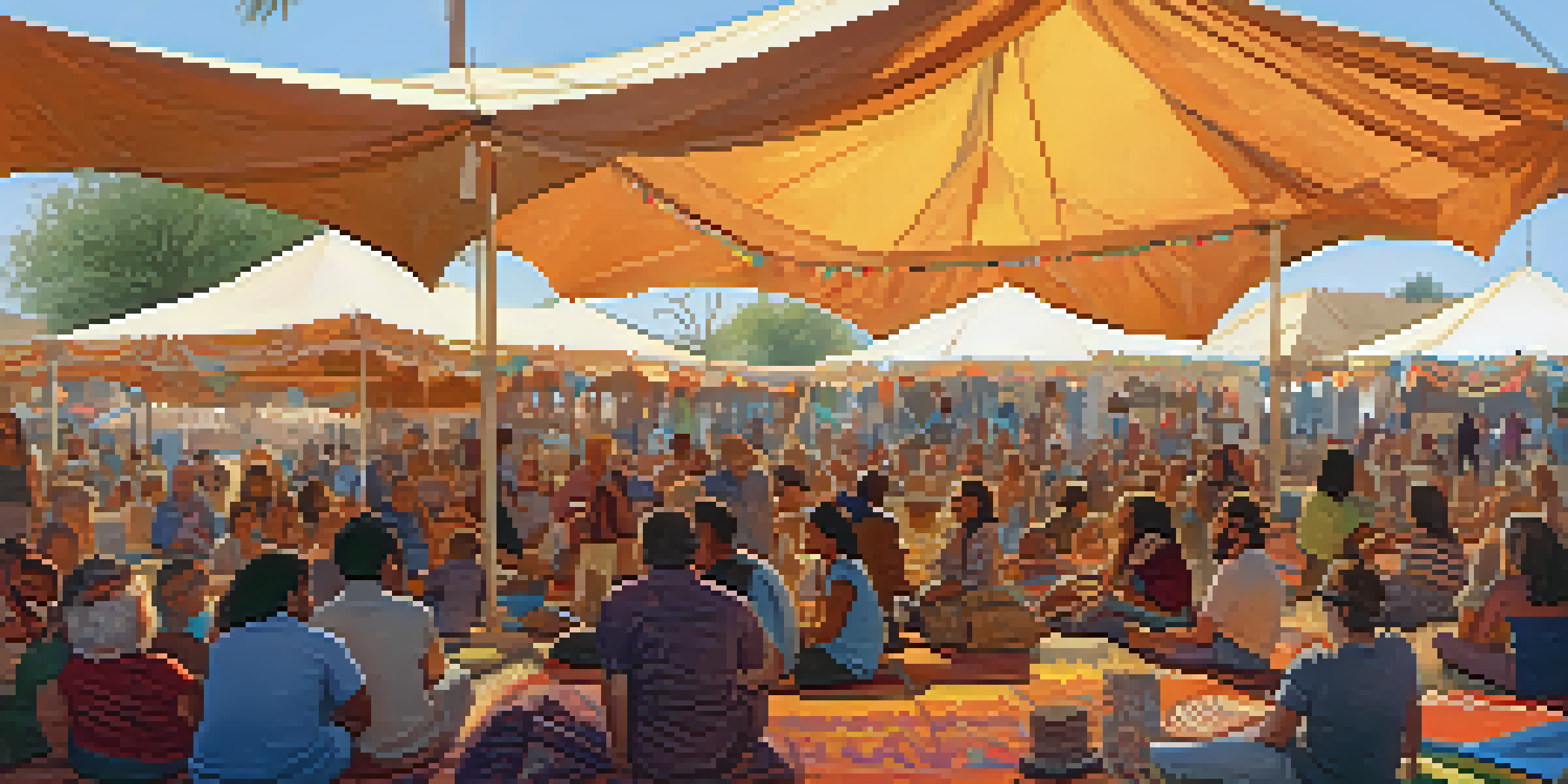 A lively storytelling festival in Arizona with diverse participants and a colorful tent, where storytellers engage an audience under warm sunlight.