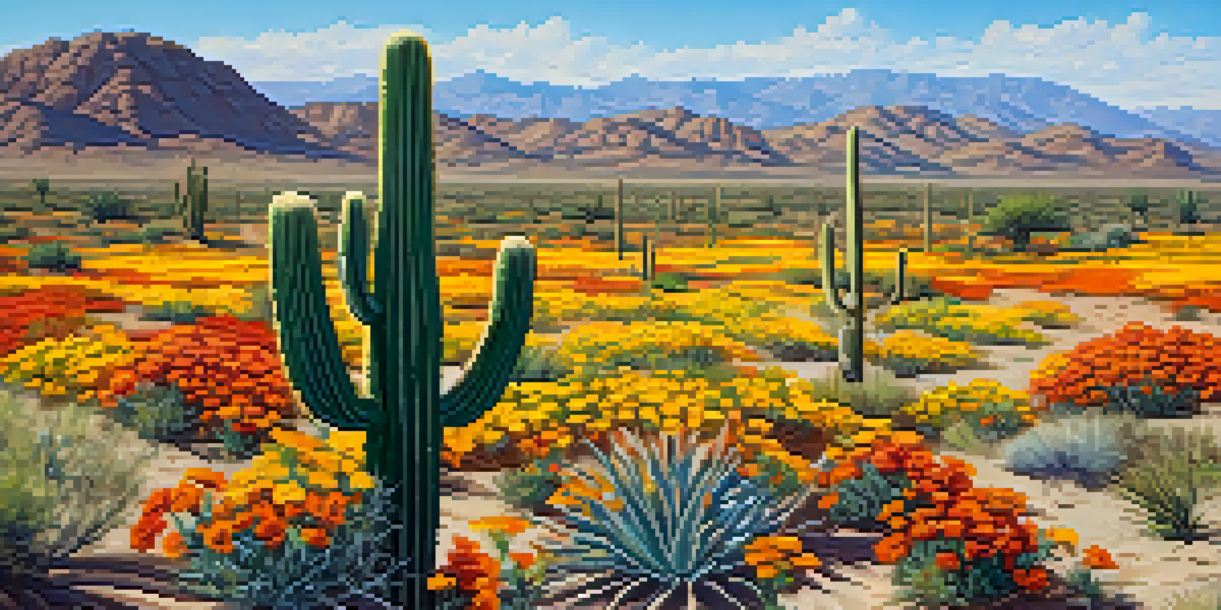 A tall saguaro cactus surrounded by bright yellow desert marigolds under a clear blue sky, with soft shadows on the sandy ground.