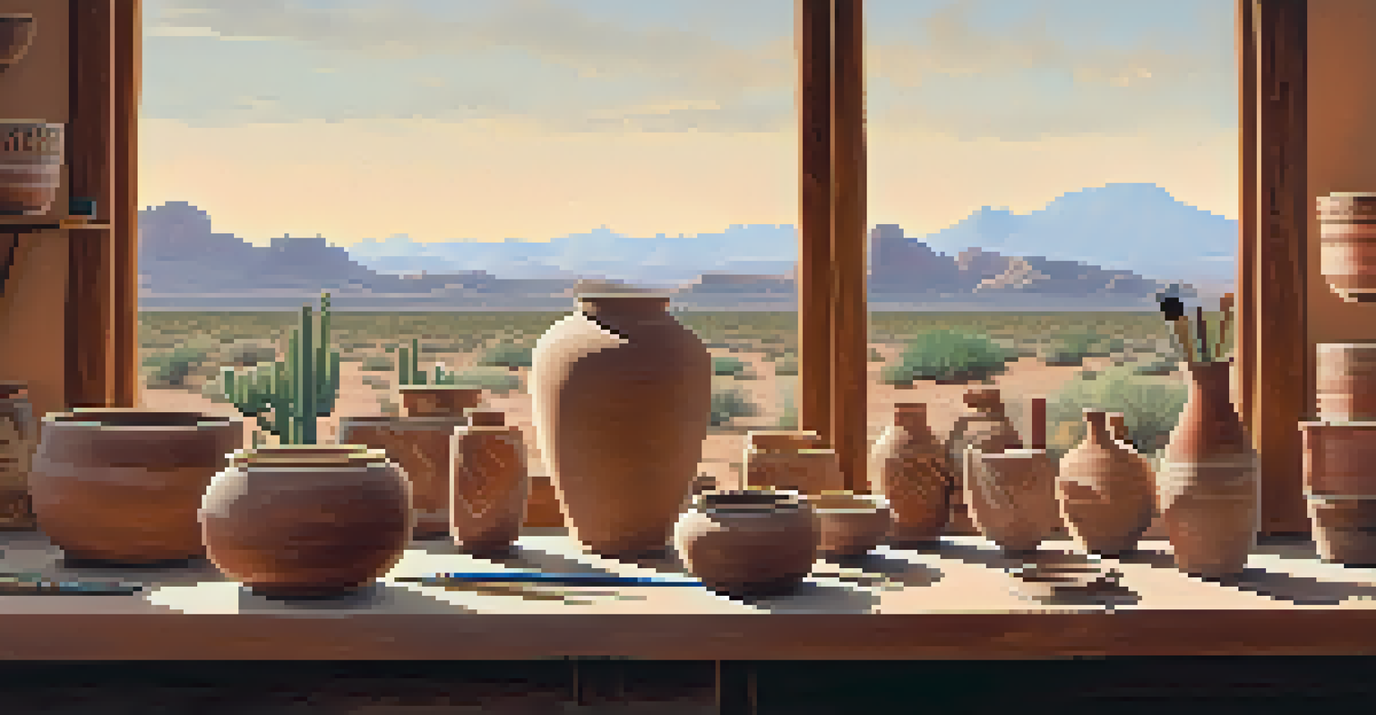 A potter's workspace displaying beautiful handmade pottery and tools, with a view of the Arizona landscape through the window.