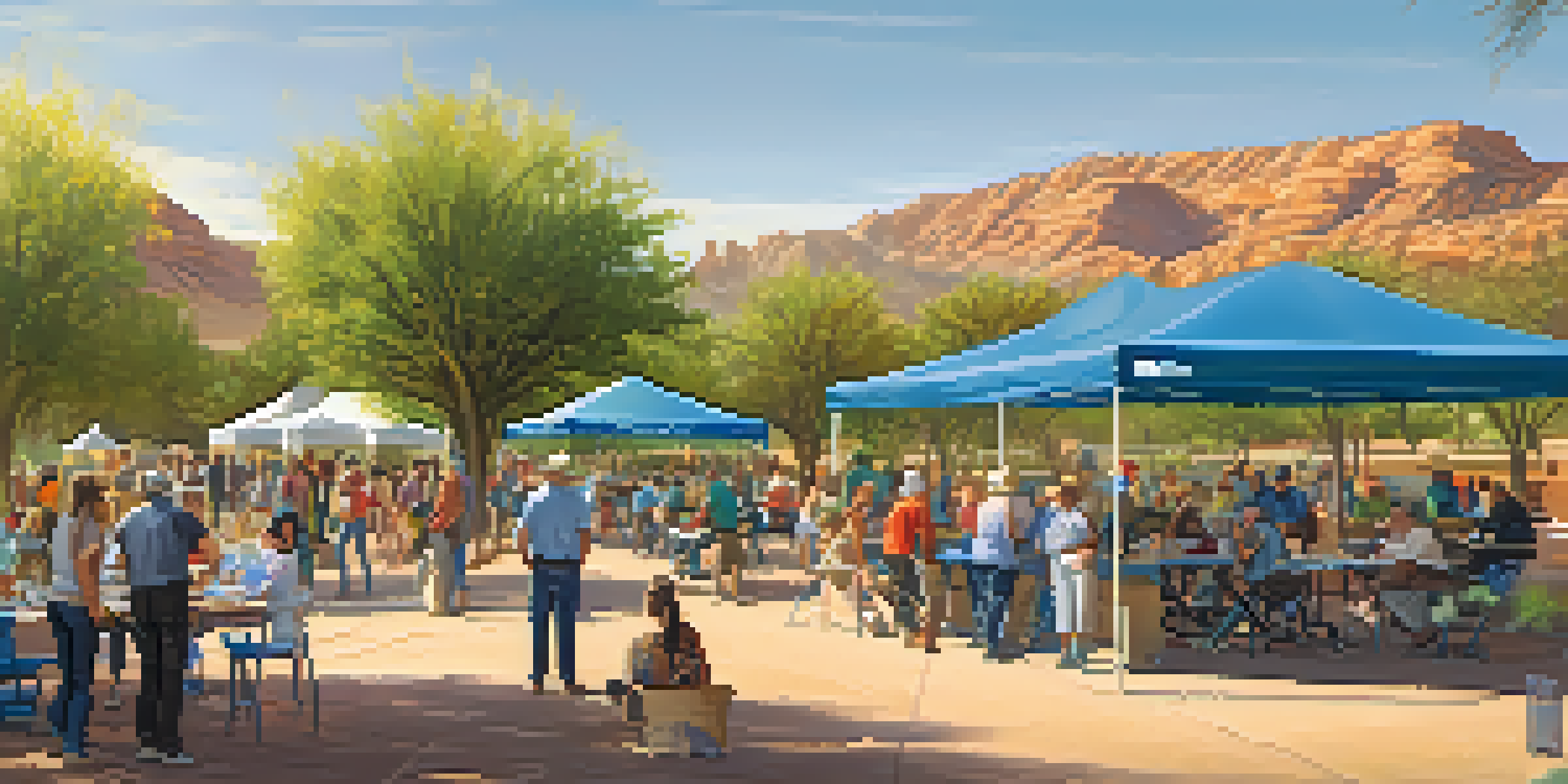 A community flood preparedness workshop in an Arizona park with diverse residents engaging around informational booths and banners about flood safety, surrounded by desert plants under warm sunlight.