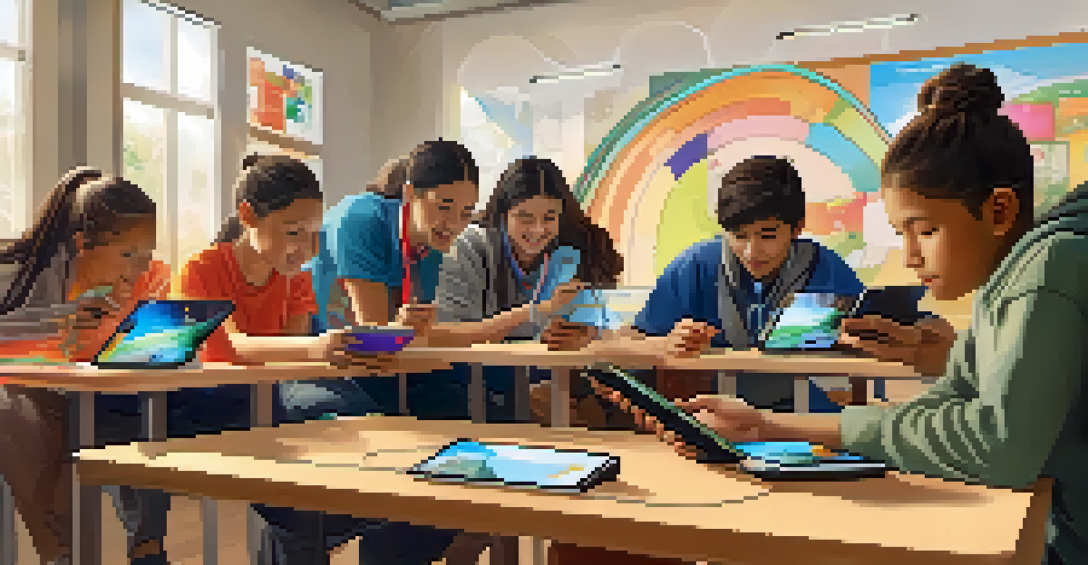 Young people using tablets and smartphones in a modern language learning session, surrounded by colorful decor and digital screens.