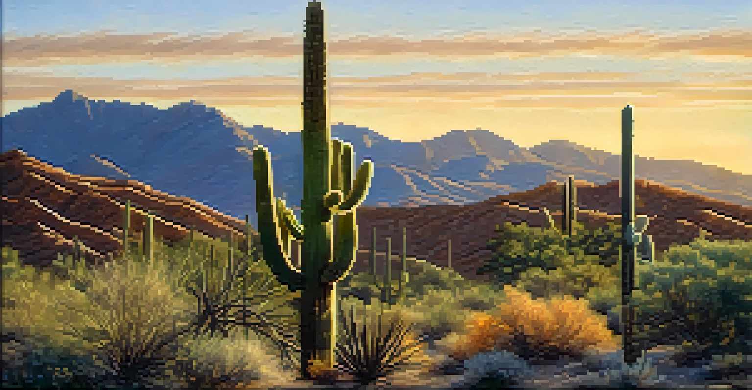 A close-up view of a Saguaro cactus in the Arizona desert at golden hour, highlighting its textured skin and warm background light.