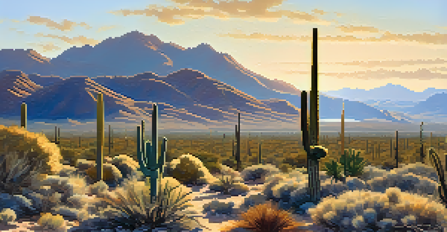 A serene landscape of Saguaro National Park with iconic saguaro cacti and a clear blue sky in the background.