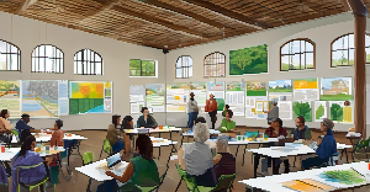 A community workshop where residents are discussing plans for green spaces, surrounded by posters and charts in a well-lit room.
