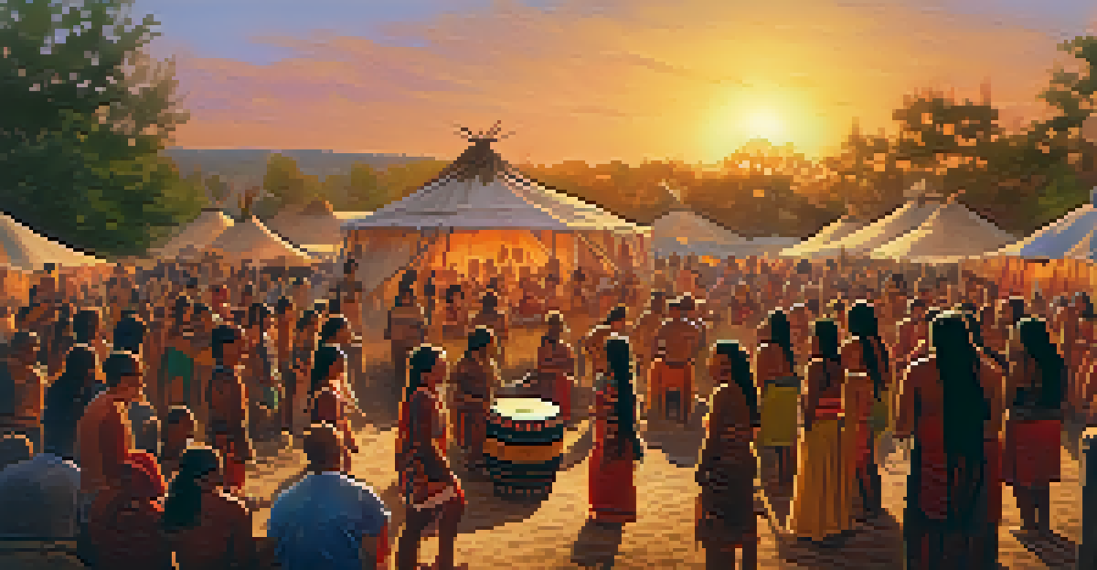 A vibrant Native American community gathering with traditional dancing and drumming under the sunset.