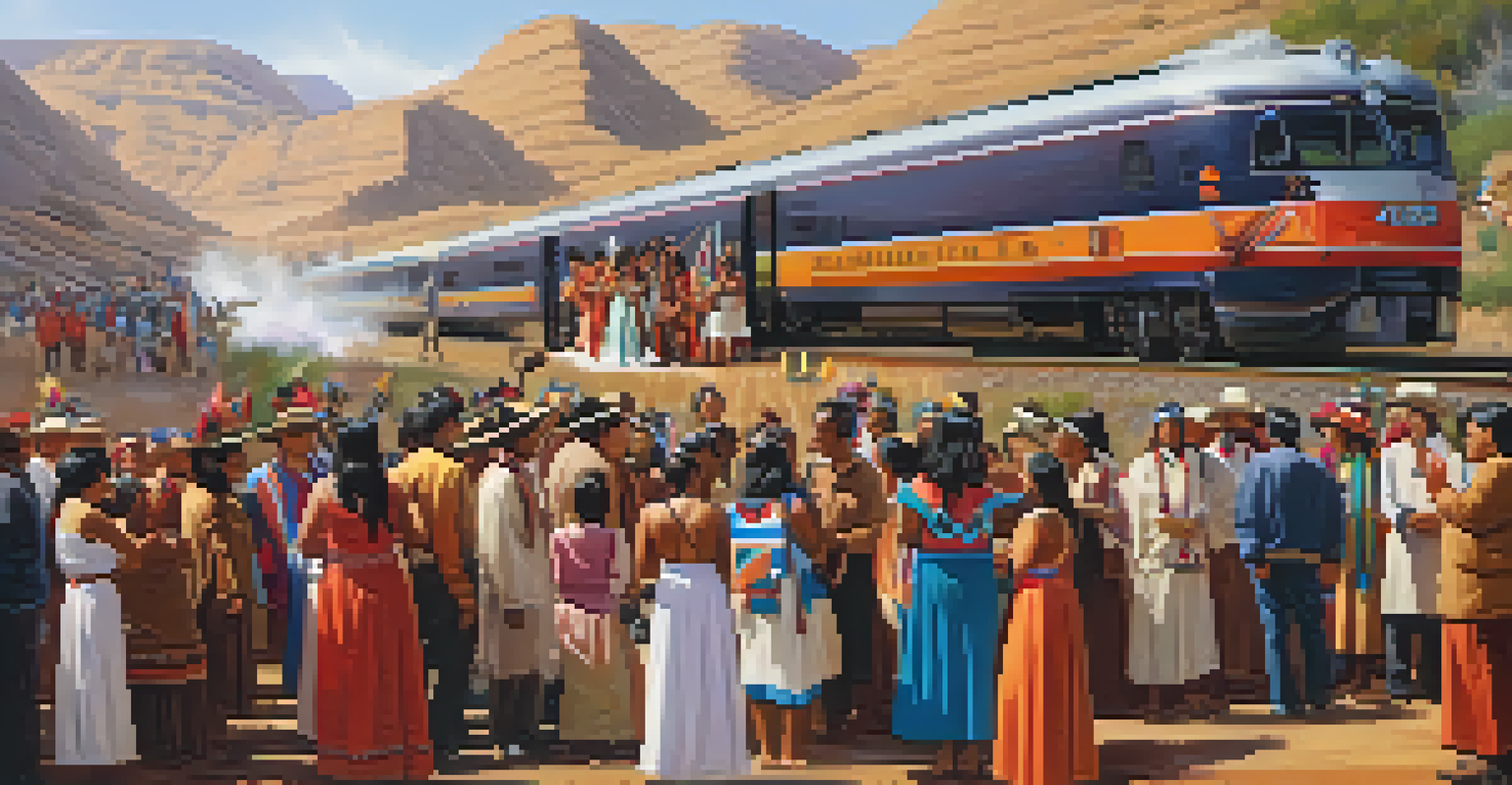 Native American people in traditional attire celebrating their heritage at a cultural gathering, with a train passing in the background.