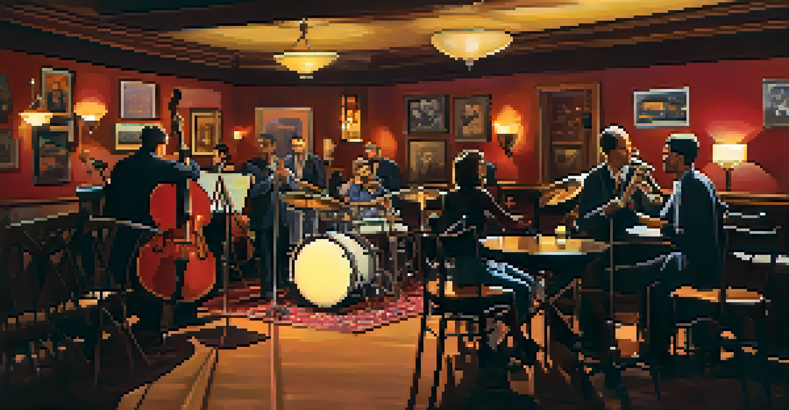 An intimate jazz club in Phoenix with a band performing on stage and an audience enjoying the music.
