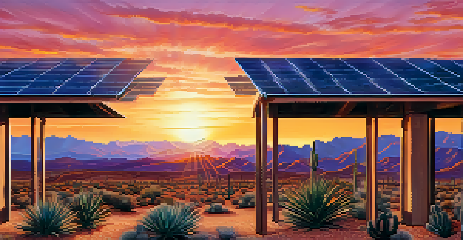 A close-up of bifacial solar panels reflecting a colorful sunset in an Arizona desert landscape.