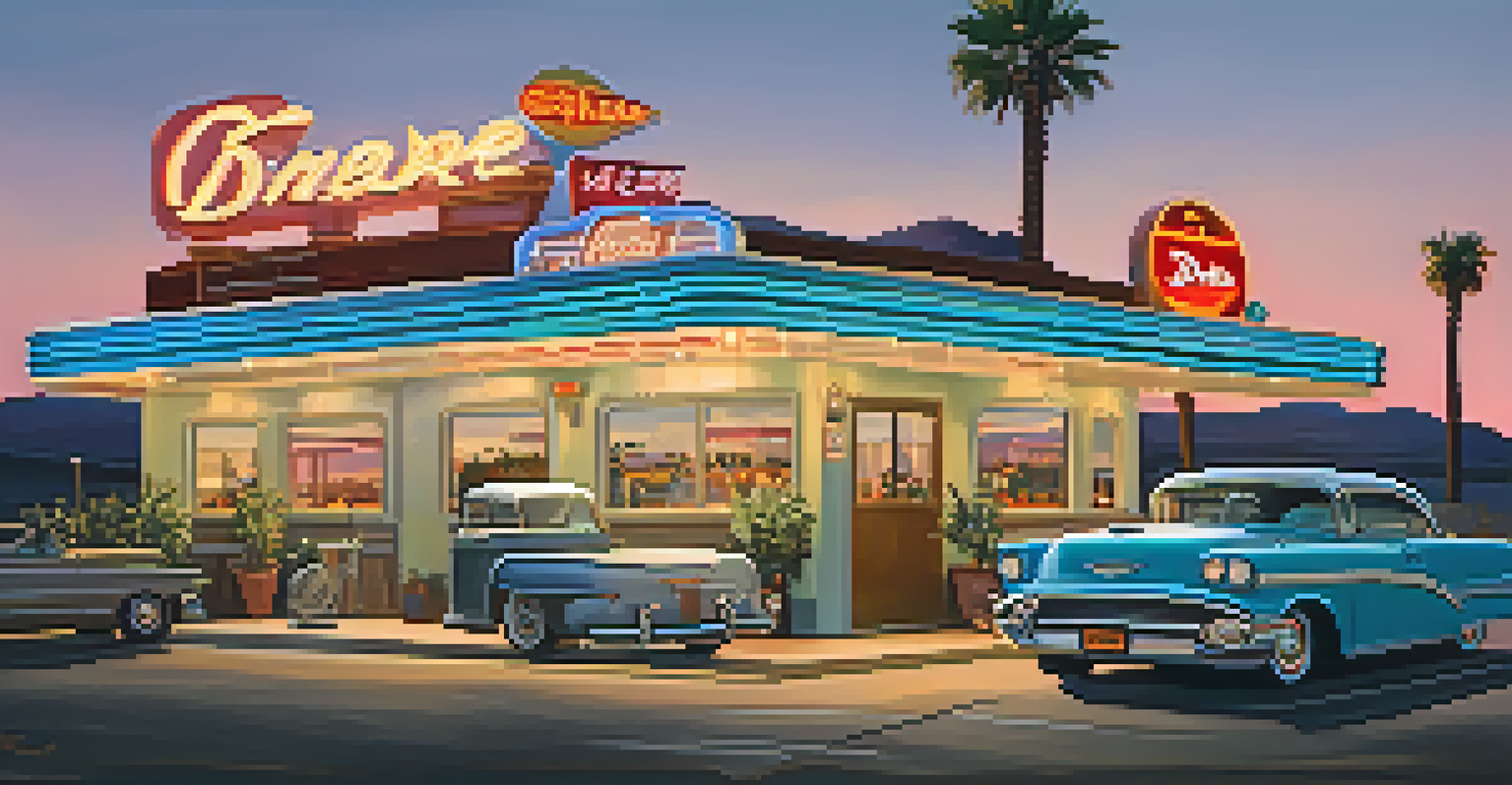 A retro diner along Route 66 at sunset, featuring neon signs, outdoor seating, and a vintage car.