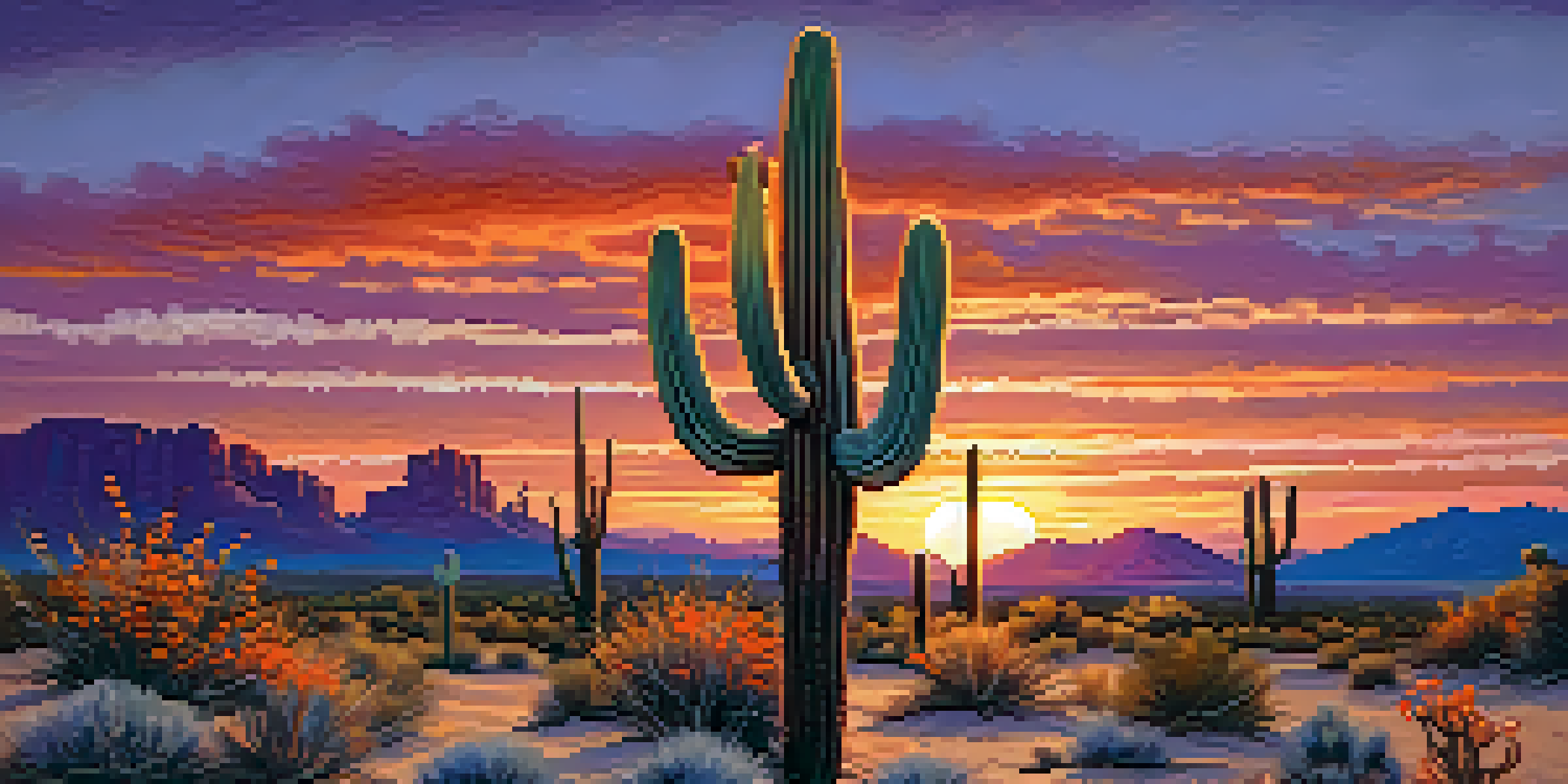 A close-up of a tall Saguaro Cactus with blooming flowers at sunset in the Arizona desert, with warm colors in the sky and small desert plants in the foreground.