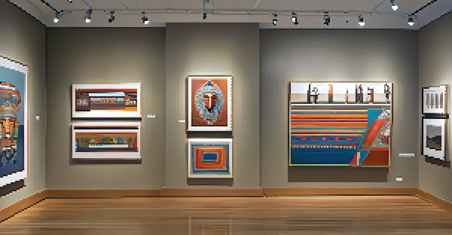 A contemporary Native American art exhibition in a gallery, showcasing diverse artworks that blend traditional symbols with modern themes, with visitors admiring the pieces.
