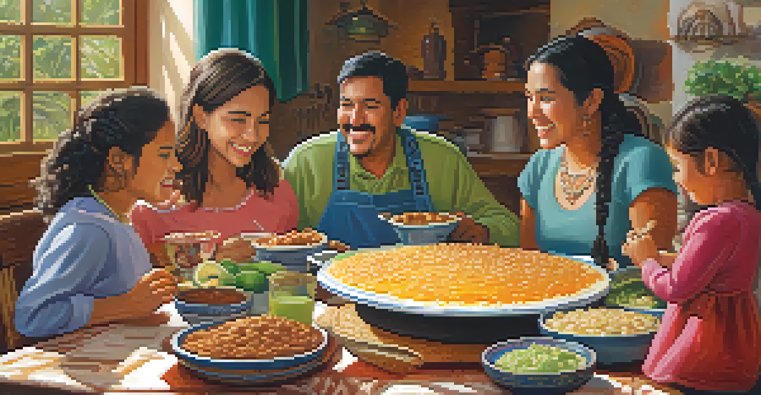 A warm family gathering around a table filled with traditional Mexican dishes, showcasing joyful expressions and a cozy home atmosphere.