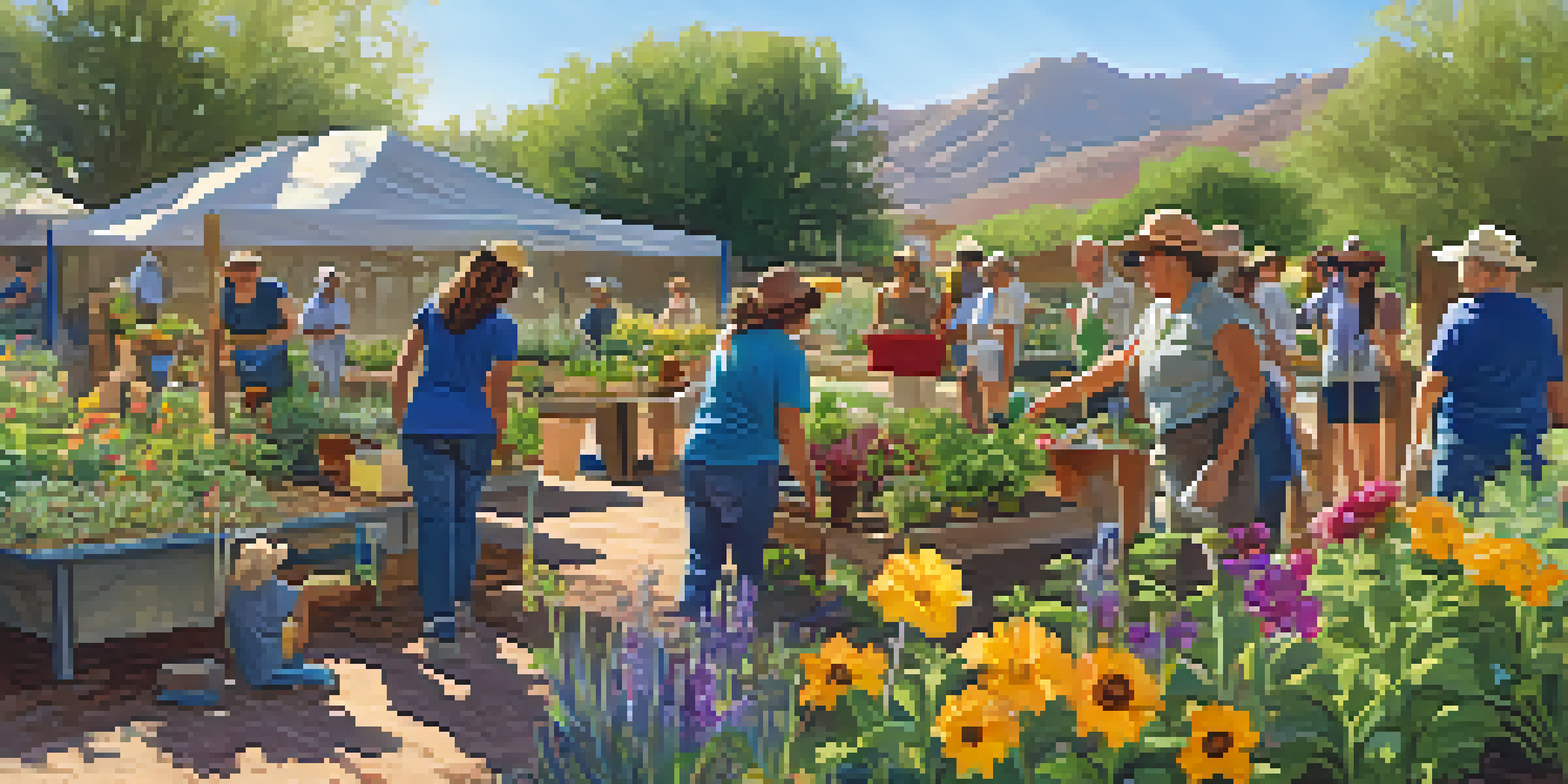 A group of diverse volunteers working together in a community garden, with bright sunlight and colorful plants.