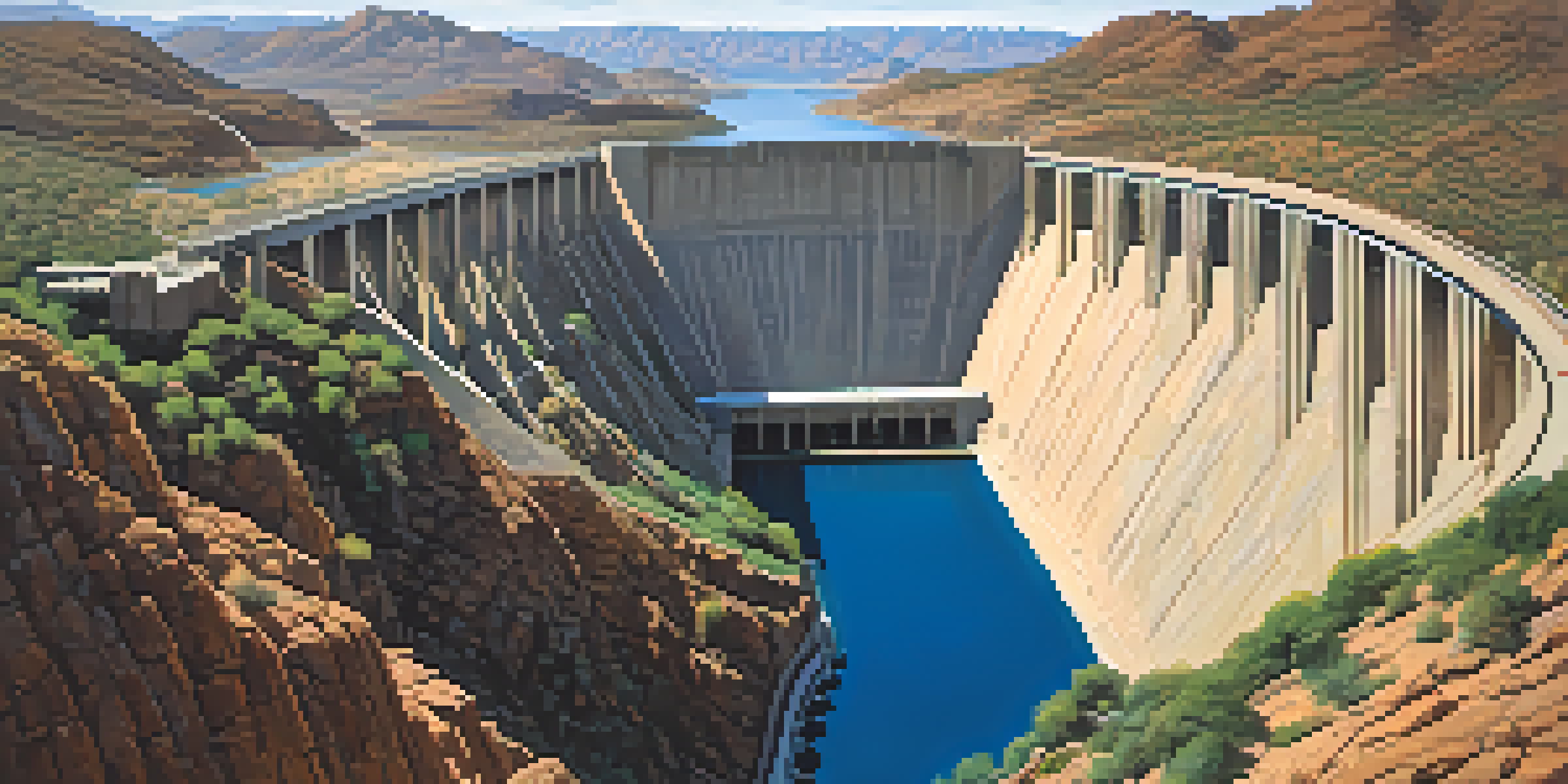 A wide view of the Roosevelt Dam in Arizona, with mountains in the background and sunlight reflecting on the water.