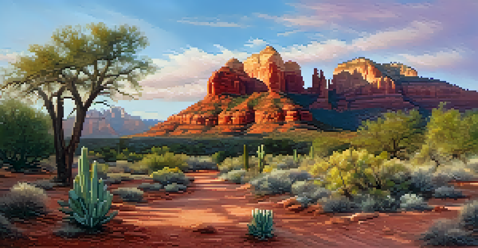 Morning view of Sedona's red rock formations with a trail leading into the landscape and colorful wildflowers.