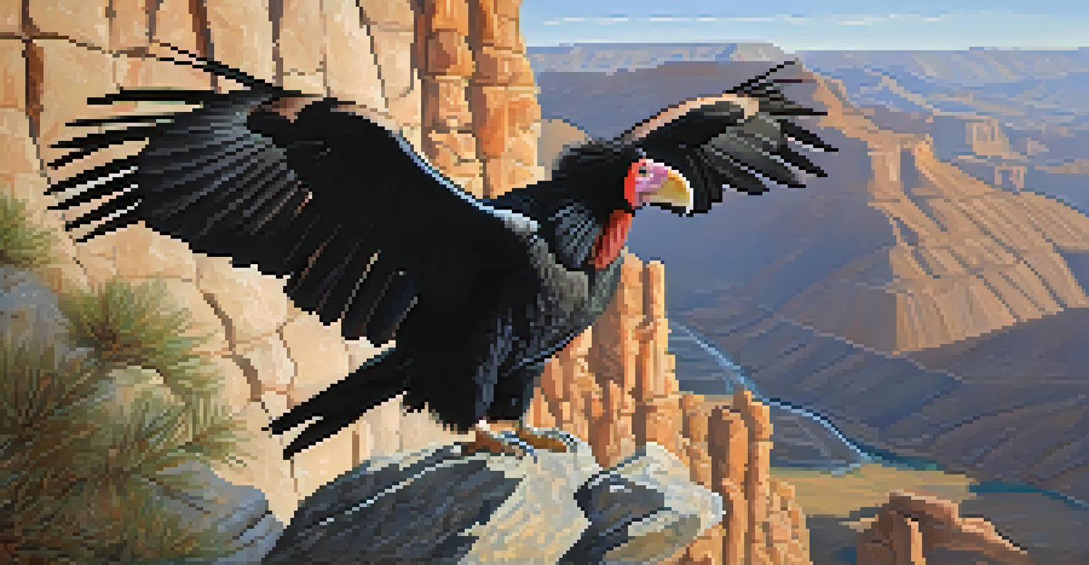 A close-up of a California condor on a rocky ledge with mountains in the background, showcasing its detailed feathers.