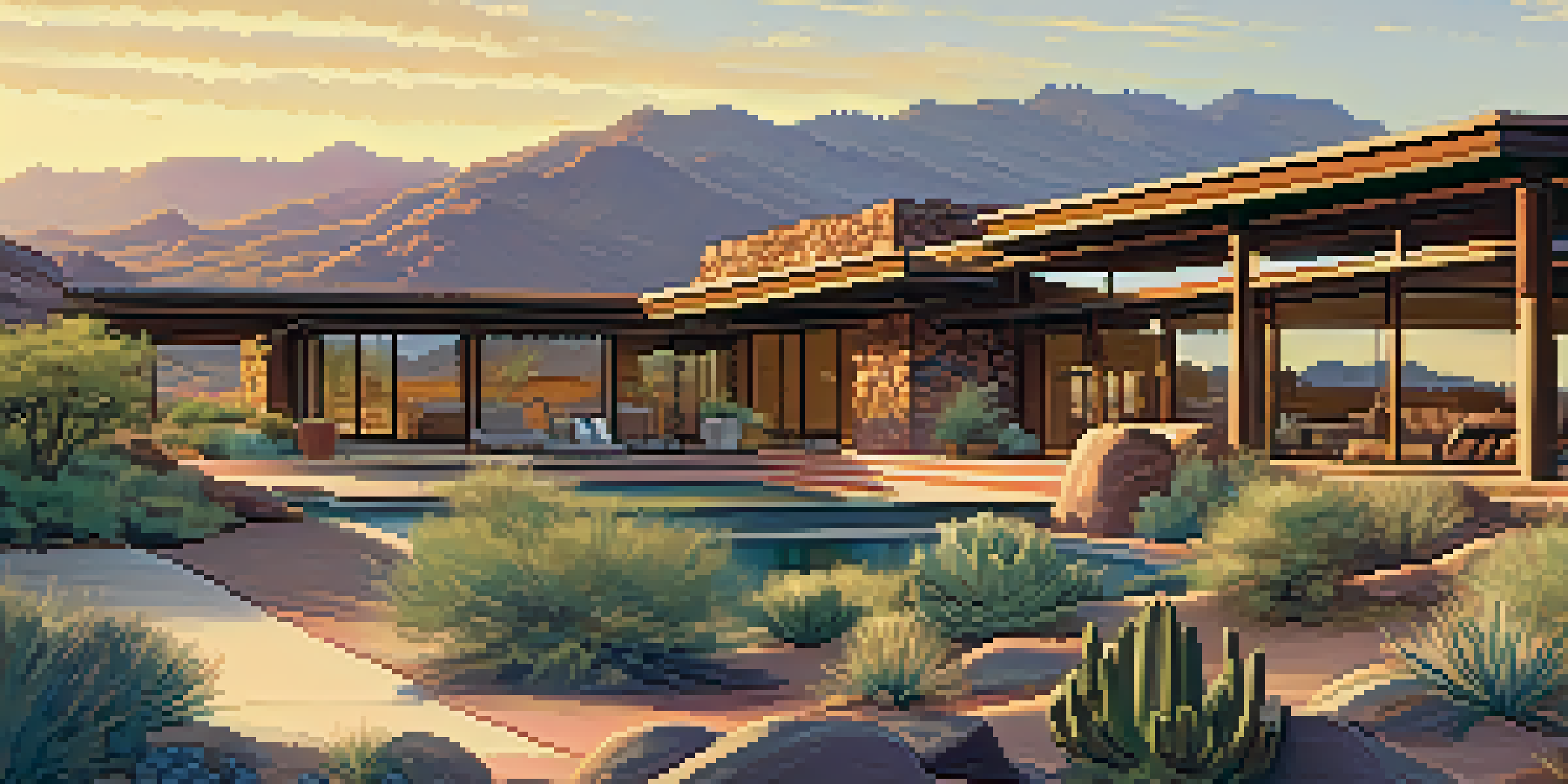 A scenic view of Taliesin West, showcasing its architectural beauty against a desert backdrop during sunset.