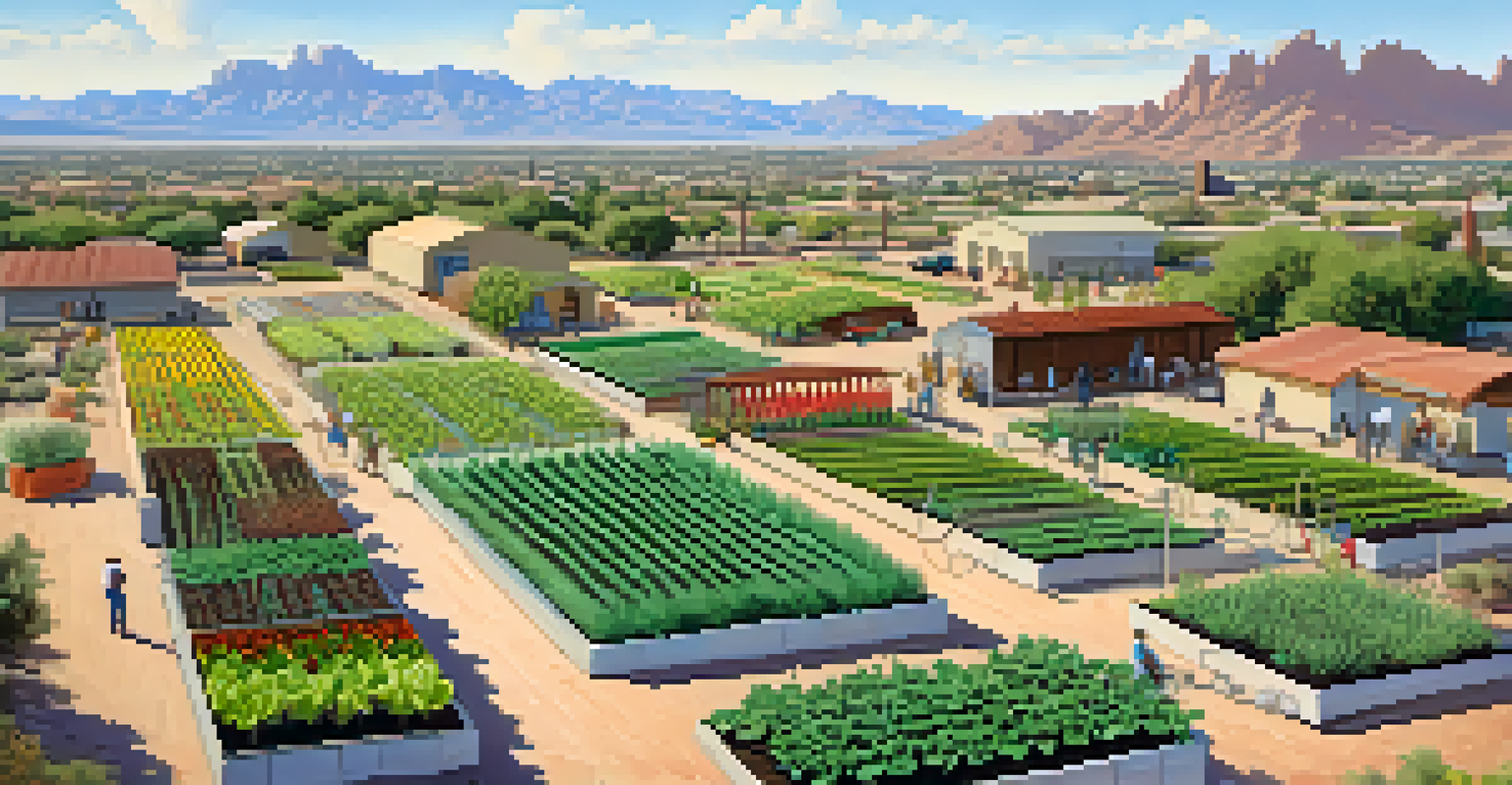 A vibrant community garden in Arizona with residents working among rows of crops and modern irrigation systems, set against a clear blue sky.