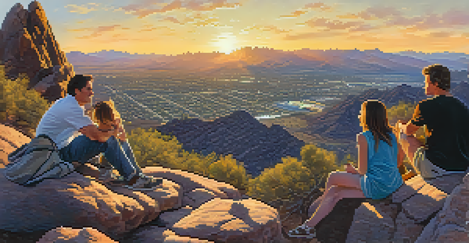 A family having a picnic at the summit of a mountain, with a sunset view over a cityscape below and rocky terrain around them.