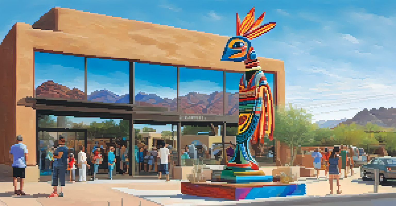 A large, colorful Kokopelli statue in Cave Creek, with art galleries surrounding it.