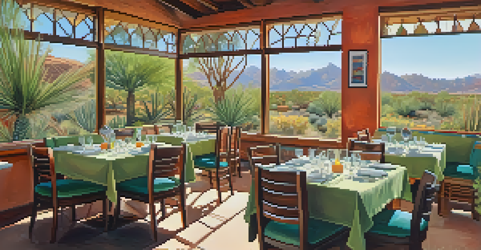 The dining area at Gertrude's restaurant with tables set for a meal, featuring views of the surrounding garden.