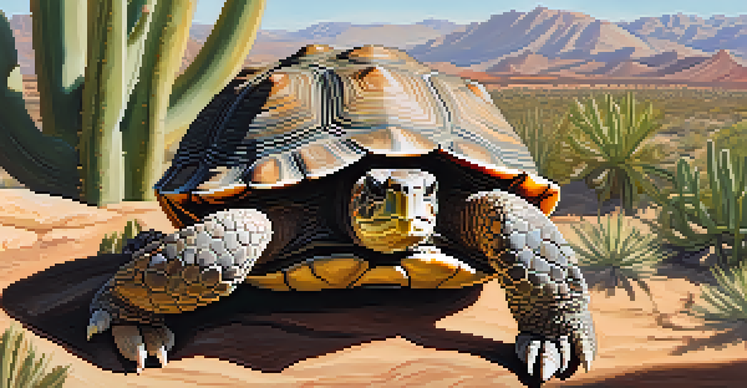 A desert tortoise in its natural environment, surrounded by cacti and rocks, symbolizing wildlife facing urban development.
