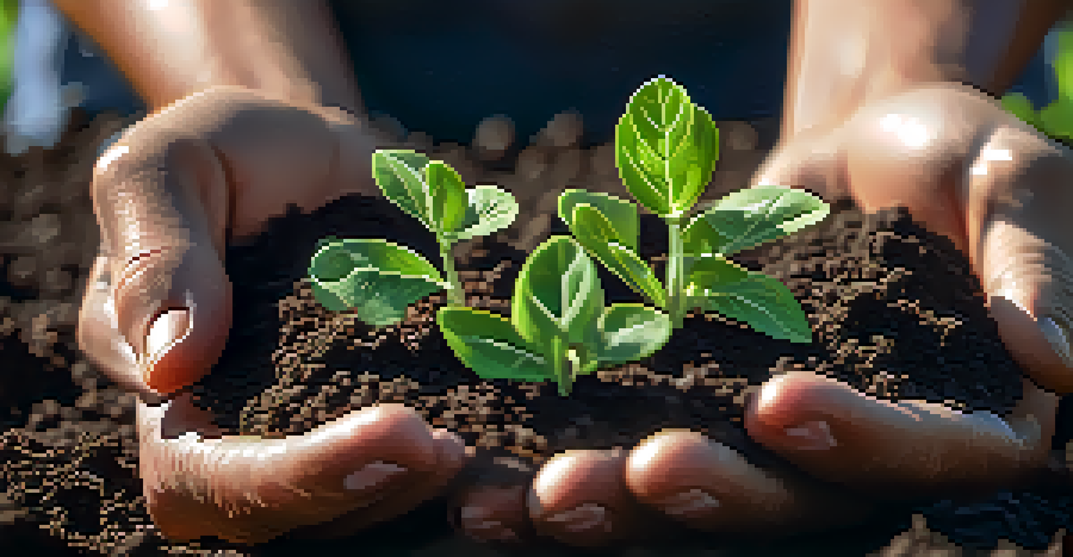 A farmer's hands holding rich soil with small plants, with advanced irrigation technology blurred in the background under sunlight.