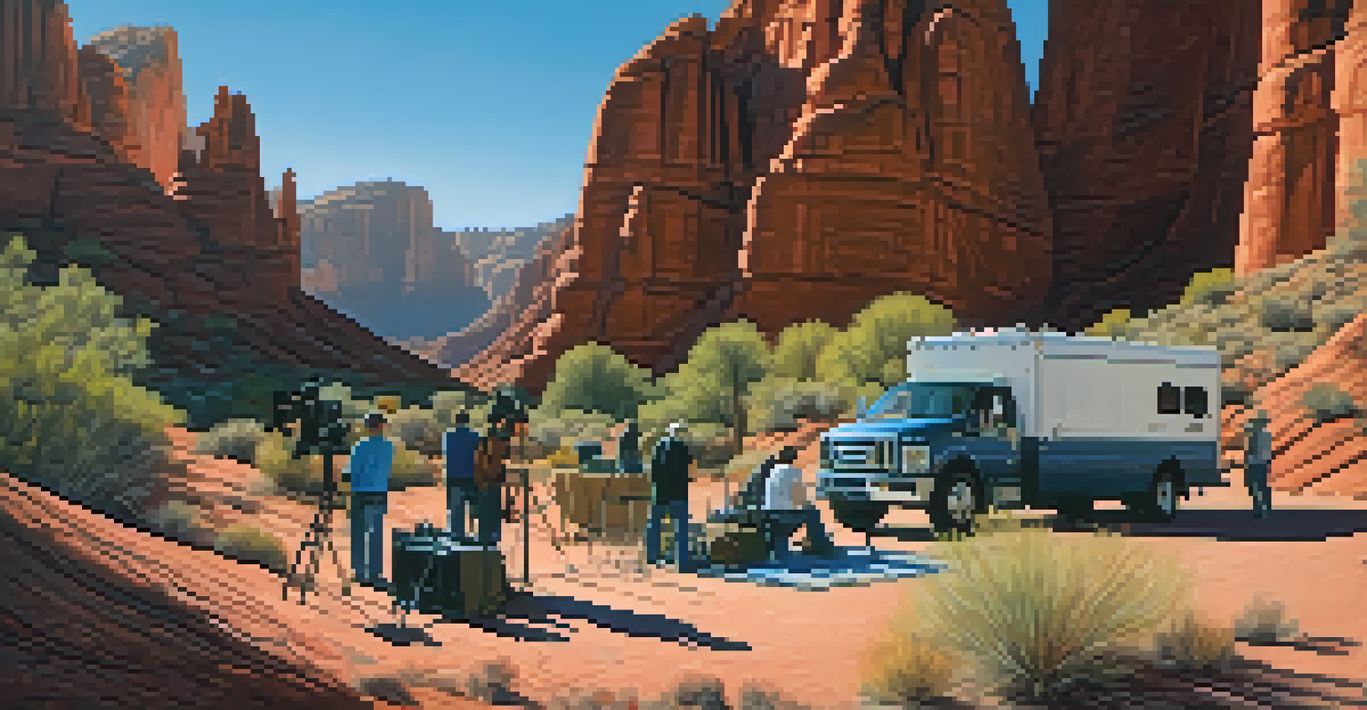 Film crew setting up in an Arizona canyon with red rock formations.