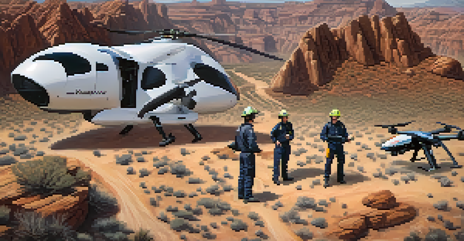 An aerial view of emergency responders using drones in a disaster area in Arizona, showcasing modern disaster management technology.