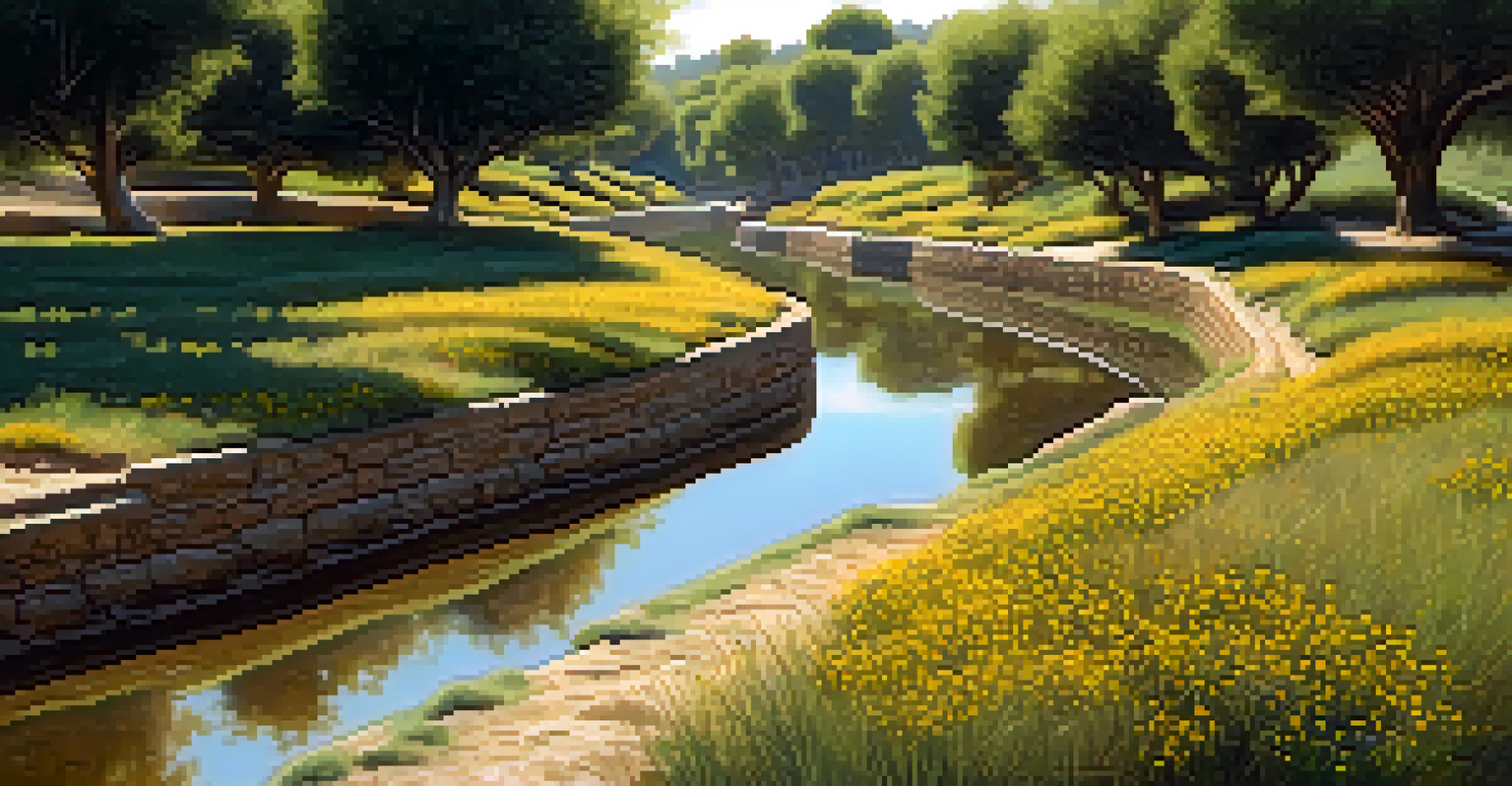 Close-up view of an ancient canal with hand-dug trenches and sunlight filtering through trees, highlighting plants along the banks.