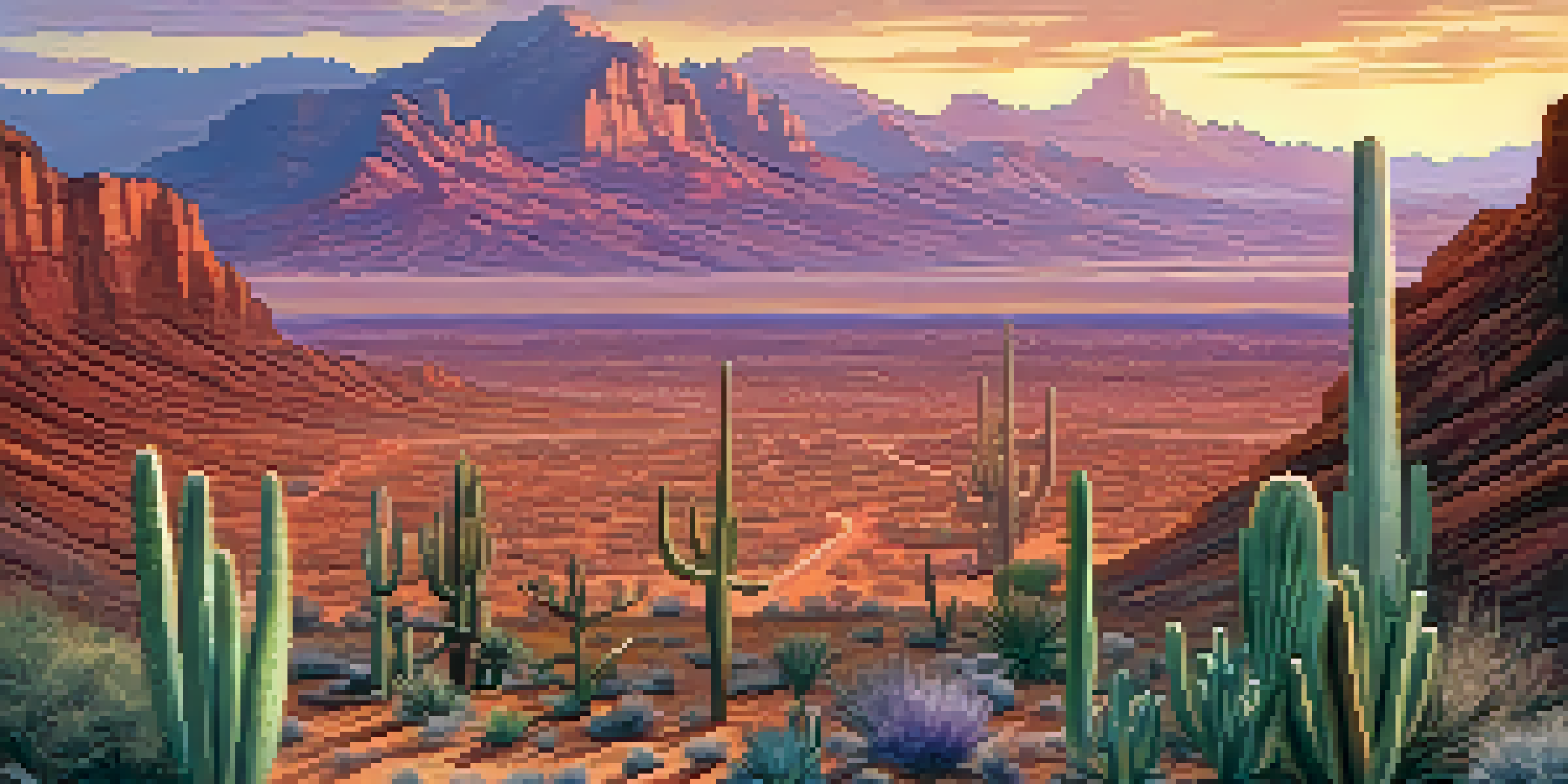 A sunset view of the Arizona desert with researchers in lab coats setting up equipment for space research amid cacti and mountains.