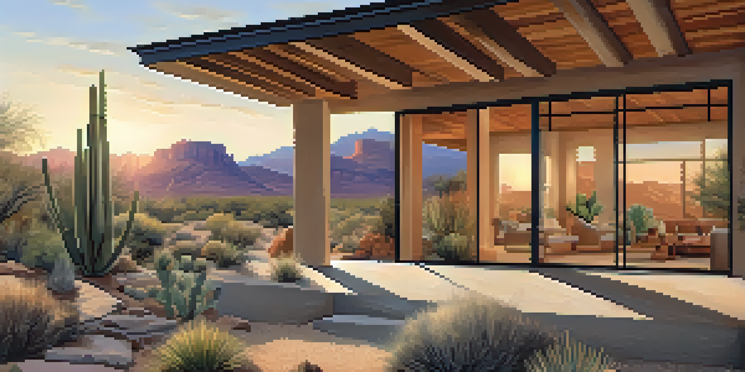 A modern adobe house in the desert with large windows and a view of the sunset, surrounded by desert plants.