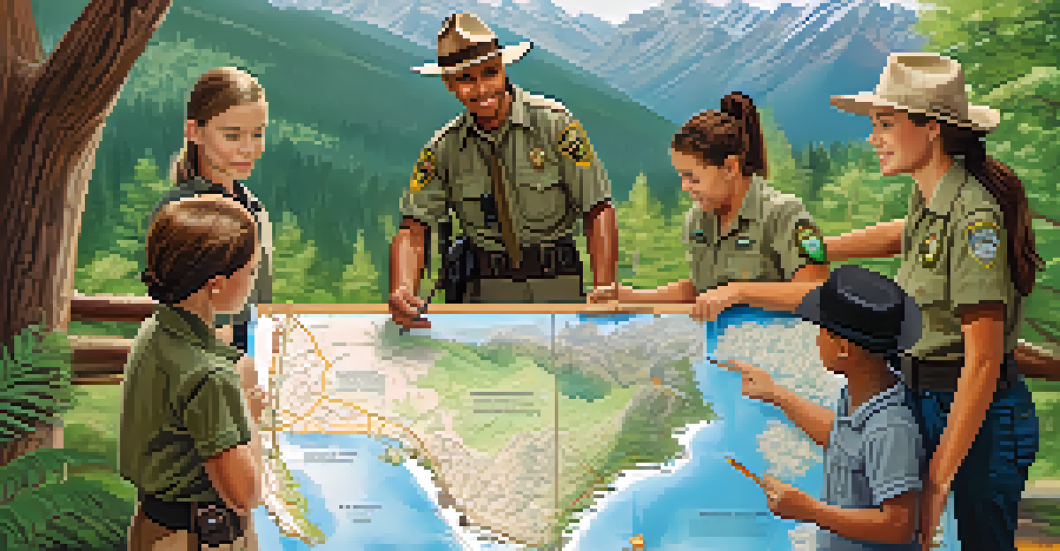 A park ranger leading a group of visitors, explaining a map with beautiful mountains and vegetation in the background.