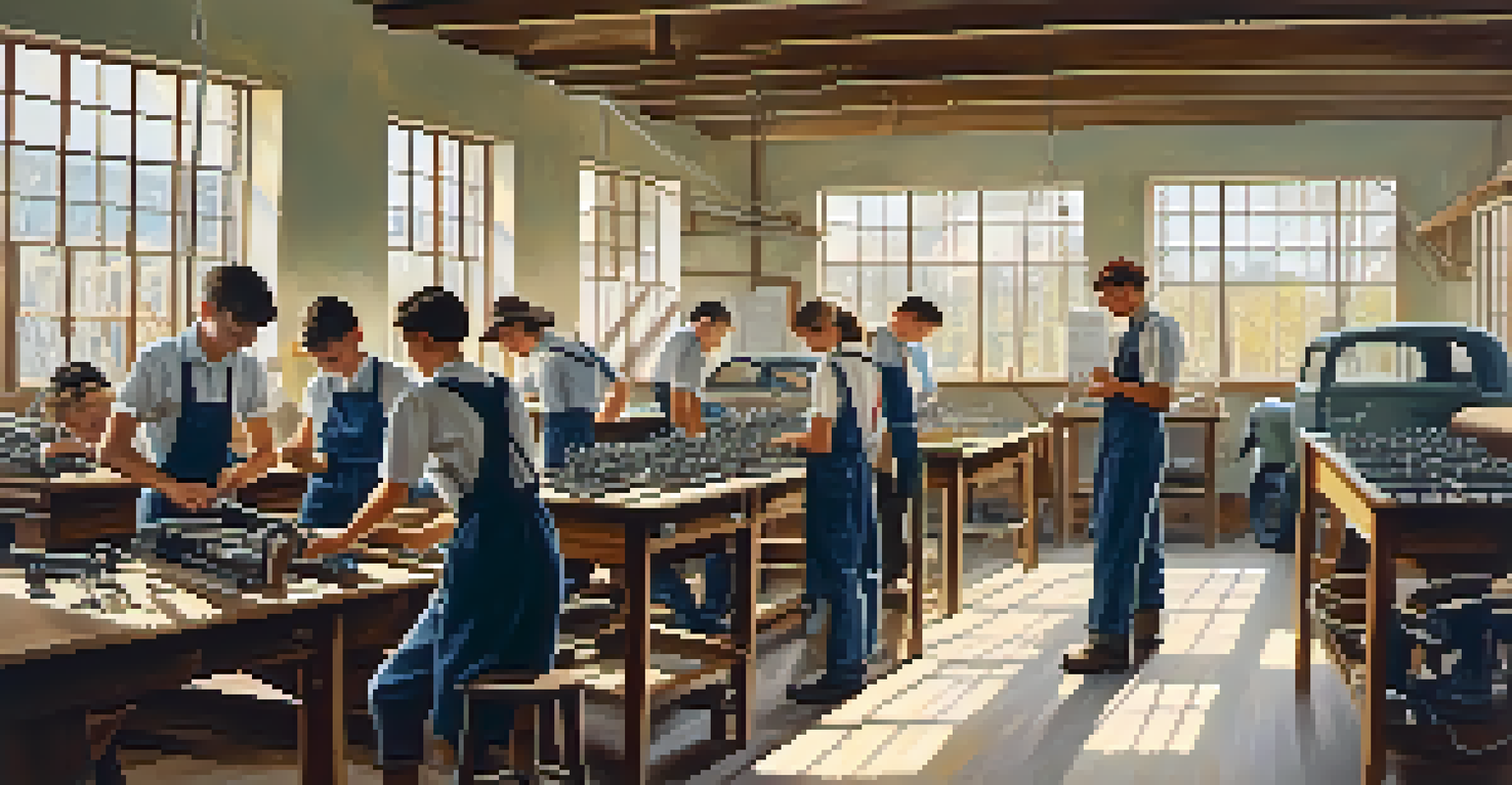 A vocational education classroom scene from the 1930s, showing students learning practical skills with tools and equipment in a sunlit room.
