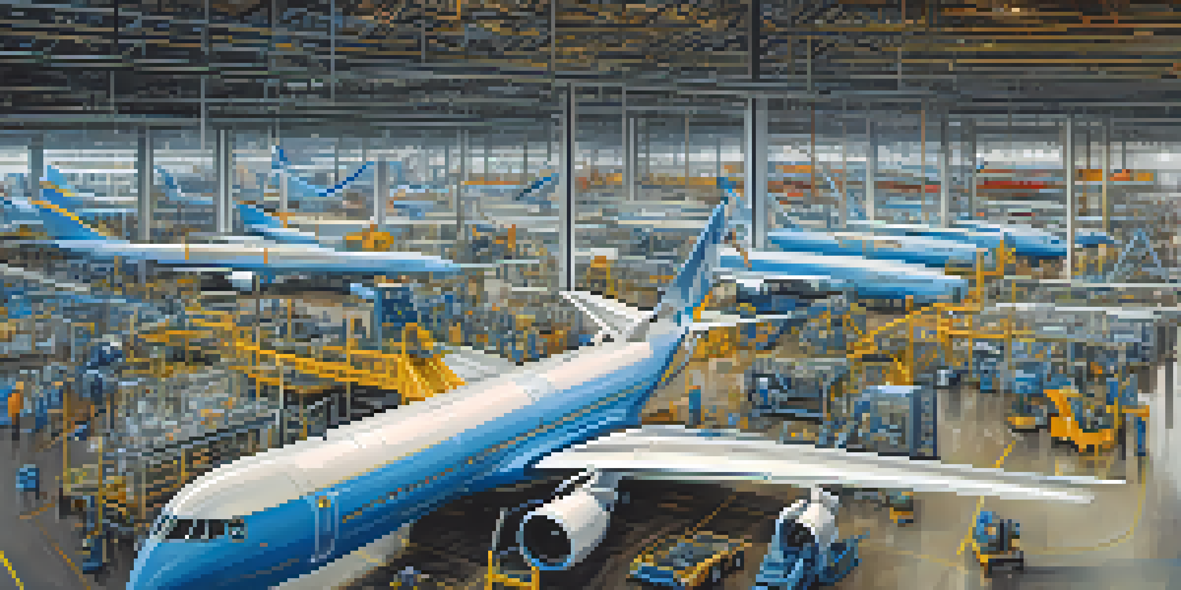 An aerospace manufacturing facility with engineers working on large aircraft parts in a bright and dynamic environment.