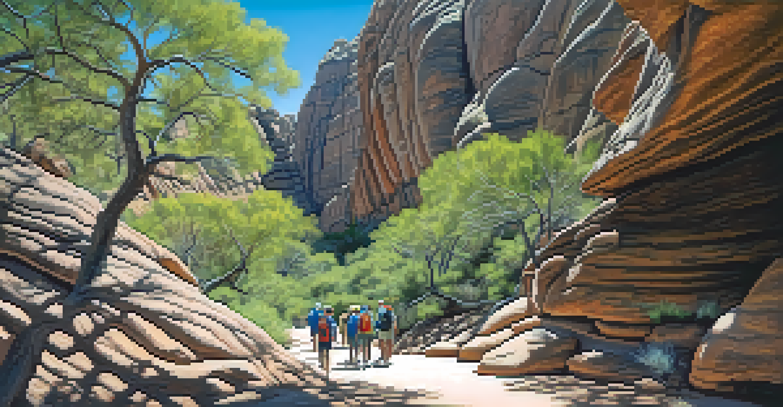 Hikers on the Echo Canyon Loop trail in Chiricahua National Monument with towering rock formations in the background.