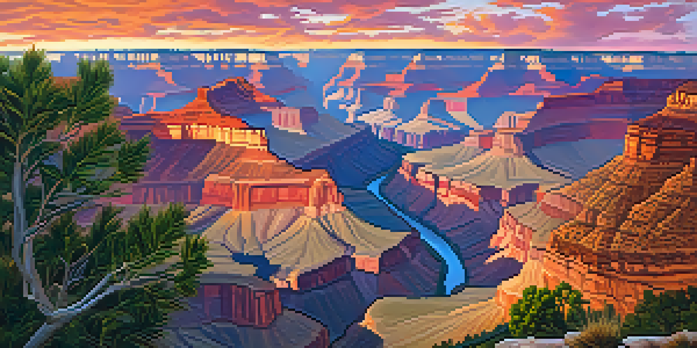 A stunning sunrise over the Grand Canyon, with orange and pink colors illuminating the canyon and the Colorado River flowing below.