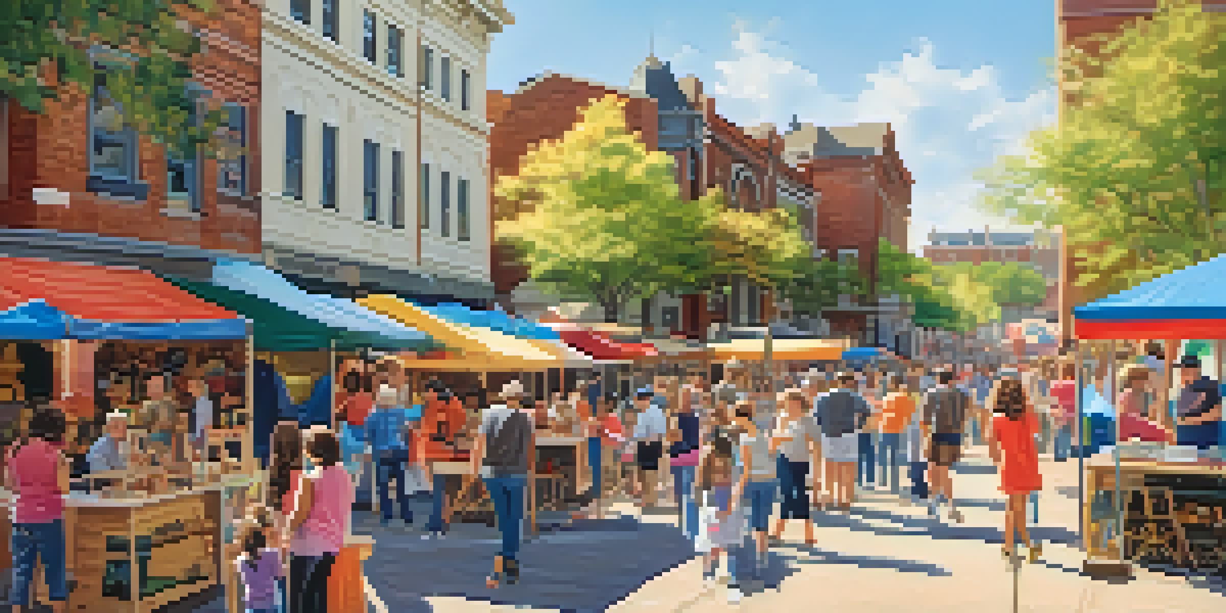 A lively community preservation fair in a historic town square with colorful booths and families engaging in activities, set against a backdrop of a historic building in warm sunlight.